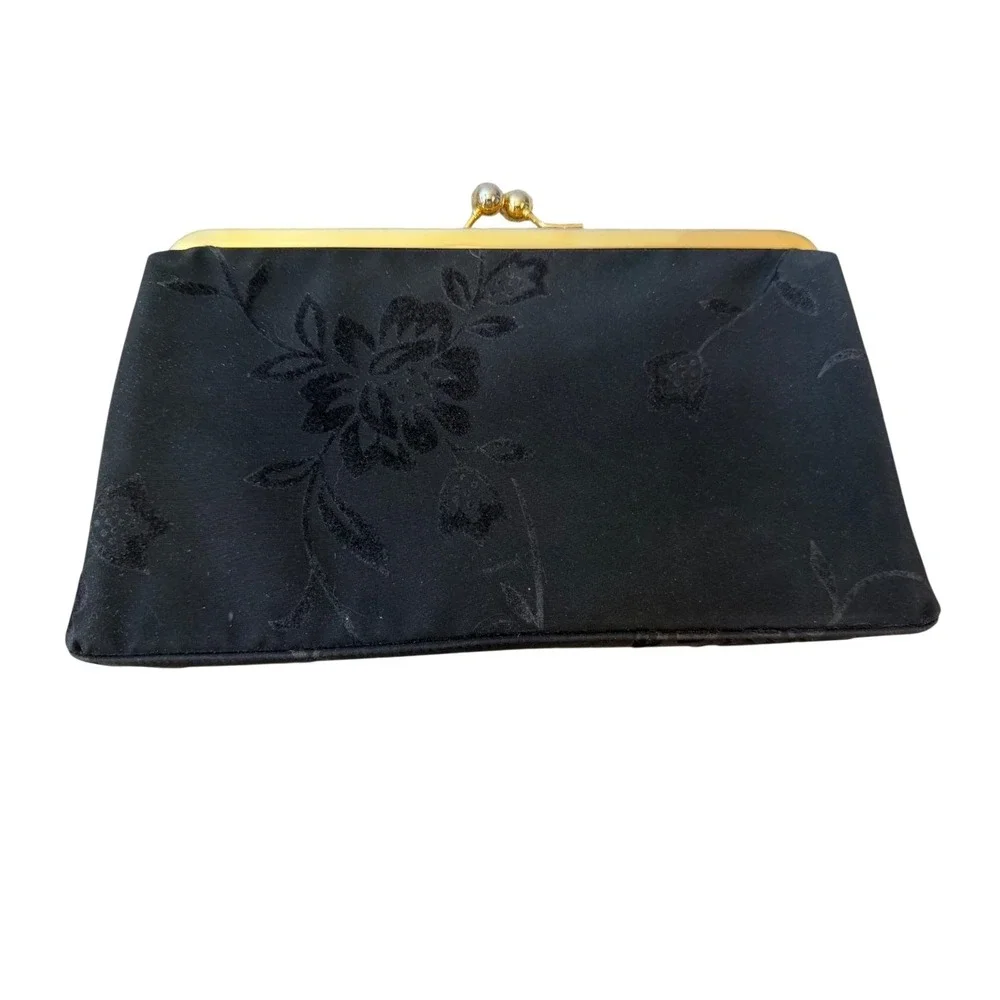 Vintage Evening Clutch Bundle Black Floral Velvet & Gold Metallic Kiss Lock Bag